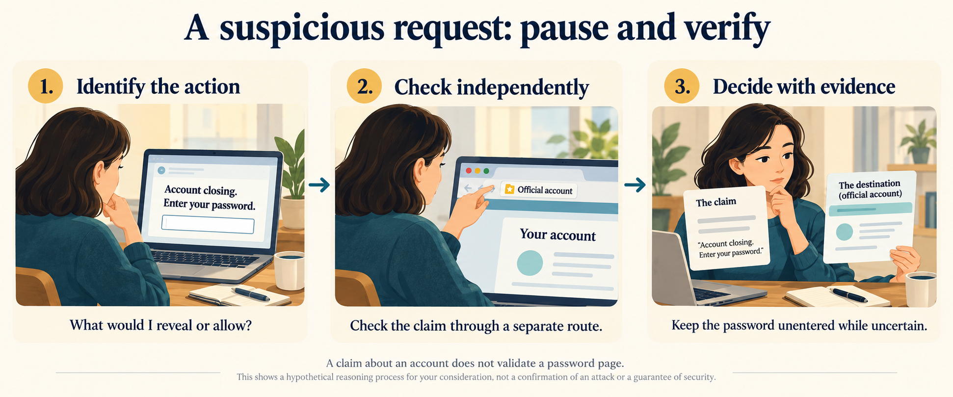 Three steps for assessing a suspicious password request: identify the action, check the account independently, and leave the password unentered while uncertain.